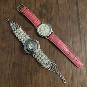 Pink Leather Strap Watch and Silver Pearl Bracelet Watch